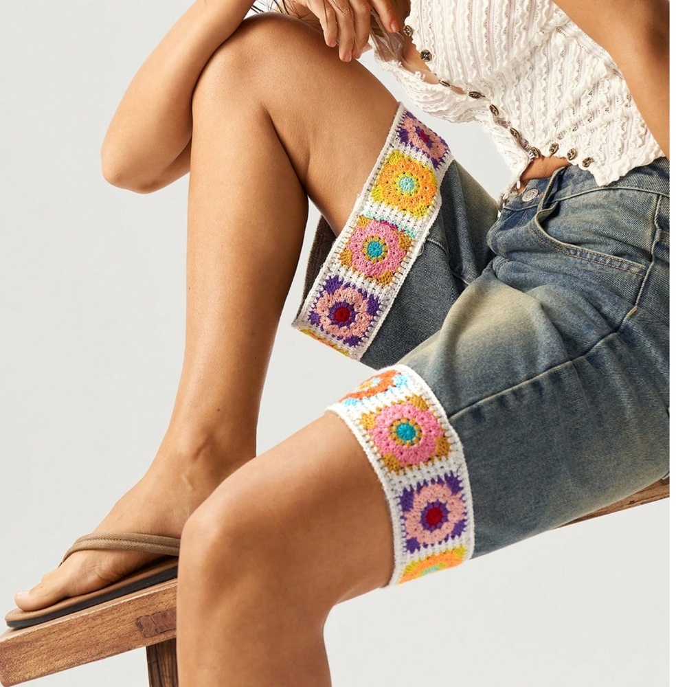 Dark Wash Crochet Colorful Bermuda Mom Denim Jean Shorts - Picture 3 of 7